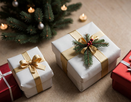 Lovely Christmas background with gifts, decorations and candles on the tableの素材