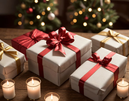 Lovely Christmas background with gifts, decorations and candles on the tableの素材