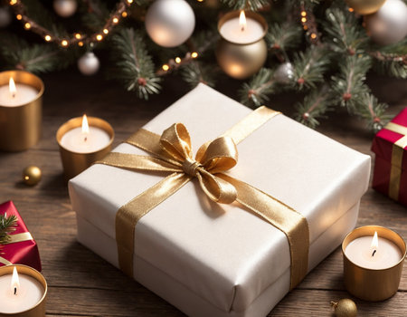 Lovely Christmas background with gifts, decorations and candles on the tableの素材
