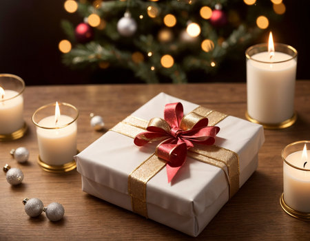 Lovely Christmas background with gifts, decorations and candles on the tableの素材
