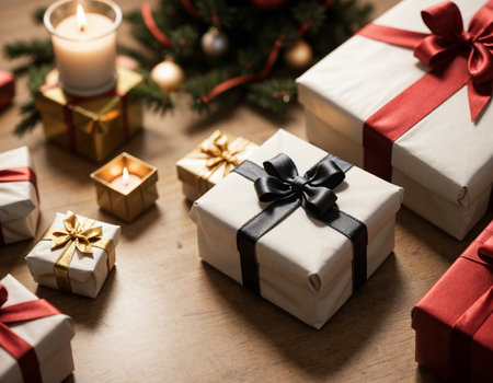 Lovely Christmas background with gifts, decorations and candles on the tableの素材