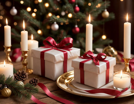 Lovely Christmas background with gifts, decorations and candles on the tableの素材