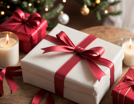 Lovely Christmas background with gifts, decorations and candles on the tableの素材
