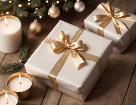 Lovely Christmas background with gifts, decorations and candles on the tableの素材