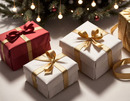 Lovely Christmas background with gifts, decorations and candles on the tableの素材