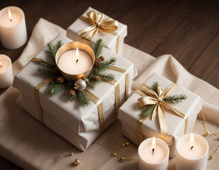 Lovely Christmas background with gifts, decorations and candles on the tableの素材