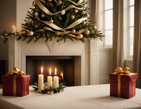 Lovely Christmas background with gifts, decorations and candles on the tableの素材