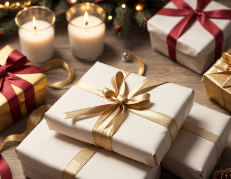 Lovely Christmas background with gifts, decorations and candles on the tableの素材