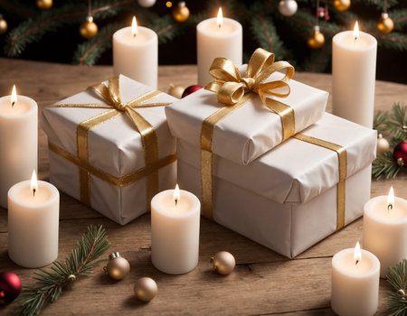 Lovely Christmas background with gifts, decorations and candles on the tableの素材