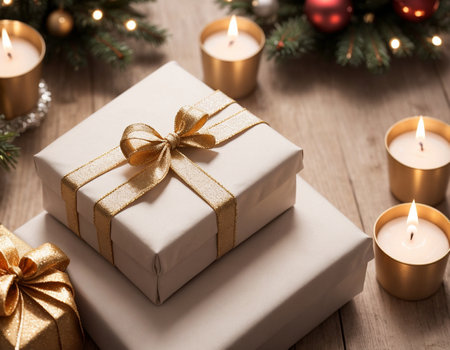 Lovely Christmas background with gifts, decorations and candles on the tableの素材