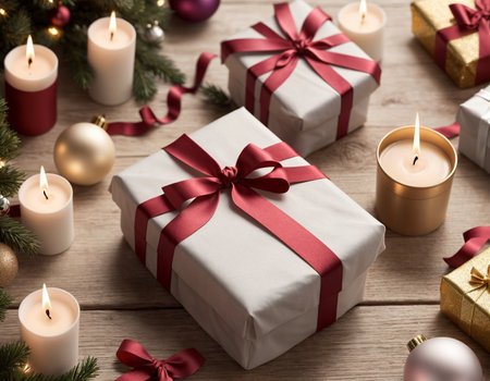 Lovely Christmas background with gifts, decorations and candles on the tableの素材