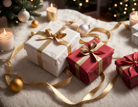 Lovely Christmas background with gifts, decorations and candles on the tableの素材