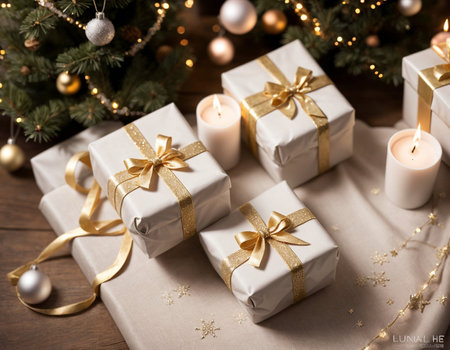 Lovely Christmas background with gifts, decorations and candles on the tableの素材