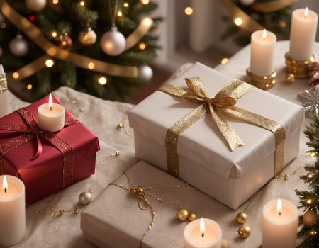 Lovely Christmas background with gifts, decorations and candles on the tableの素材