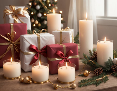 Lovely Christmas background with gifts, decorations and candles on the tableの素材