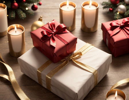 Lovely Christmas background with gifts, decorations and candles on the tableの素材