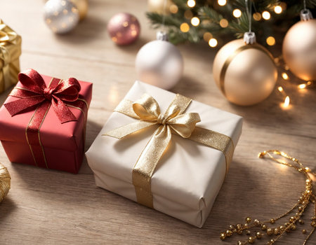 Lovely Christmas background with gifts, decorations and candles on the tableの素材