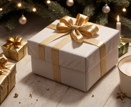Lovely Christmas background with gifts, decorations and candles on the tableの素材