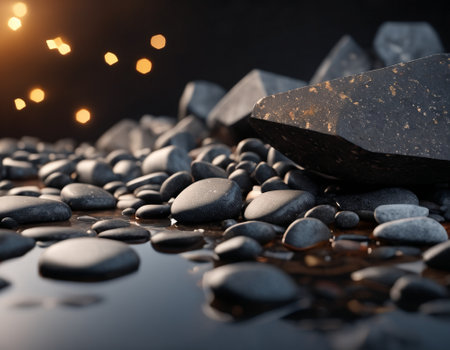 Beautiful cinematic mountain landscape with black marble and granite. High quality illustrationの素材