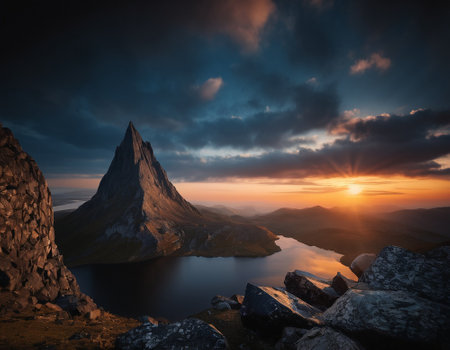 Beautiful cinematic mountain landscape with black marble and granite. High quality illustrationの素材