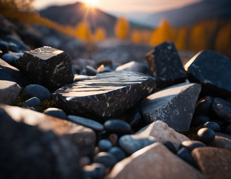 Beautiful cinematic mountain landscape with black marble and granite. High quality illustrationの素材