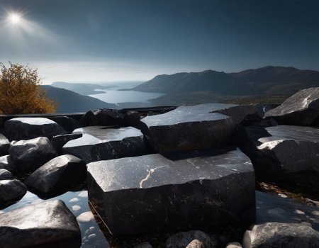 Beautiful cinematic mountain landscape with black marble and granite. High quality illustrationの素材