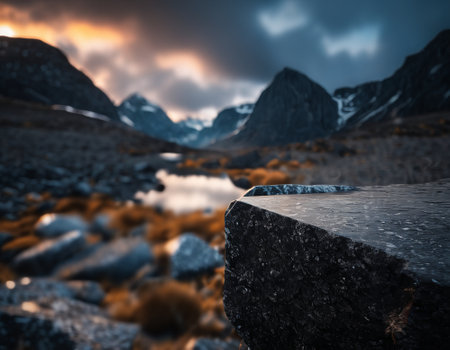 Beautiful cinematic mountain landscape with black marble and granite. High quality illustrationの素材