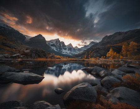 Beautiful cinematic mountain landscape with black marble and granite. High quality illustrationの素材