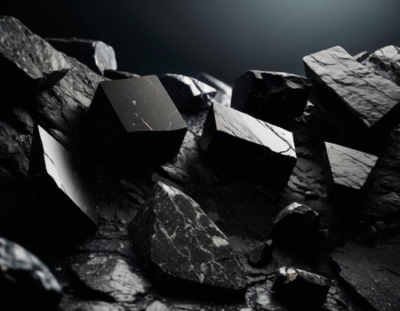 Beautiful cinematic mountain landscape with black marble and granite. High quality illustrationの素材