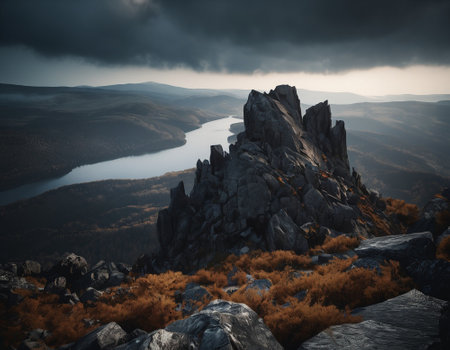 Beautiful cinematic mountain landscape with black marble and granite. High quality illustrationの素材