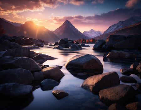 Beautiful cinematic mountain landscape with black marble and granite. High quality illustrationの素材