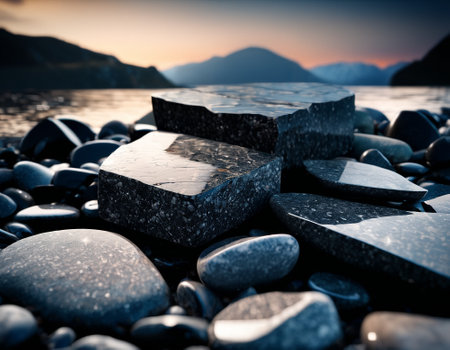Beautiful cinematic mountain landscape with black marble and granite. High quality illustrationの素材