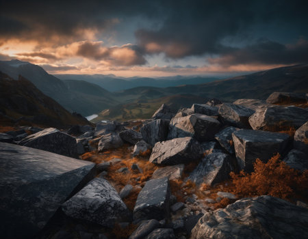 Beautiful cinematic mountain landscape with black marble and granite. High quality illustrationの素材