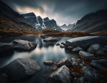 Beautiful cinematic mountain landscape with black marble and granite. High quality illustrationの素材