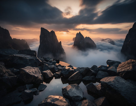 Beautiful cinematic mountain landscape with black marble and granite. High quality illustrationの素材