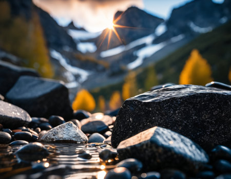 Beautiful cinematic mountain landscape with black marble and granite. High quality illustration