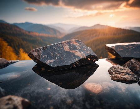 Beautiful cinematic mountain landscape with black marble and granite. High quality illustrationの素材