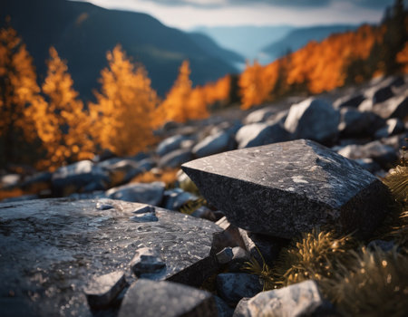 Beautiful cinematic mountain landscape with black marble and granite. High quality illustrationの素材