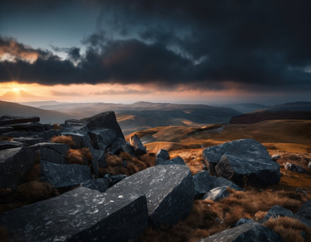 Beautiful cinematic mountain landscape with black marble and granite. High quality illustrationの素材