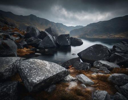 Beautiful cinematic mountain landscape with black marble and granite. High quality illustrationの素材
