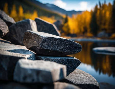 Beautiful cinematic mountain landscape with black marble and granite. High quality illustrationの素材