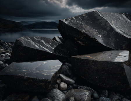 Beautiful cinematic mountain landscape with black marble and granite. High quality illustrationの素材