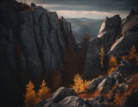 Beautiful cinematic mountain landscape with black marble and granite. High quality illustrationの素材