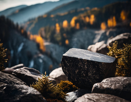 Beautiful cinematic mountain landscape with black marble and granite. High quality illustrationの素材