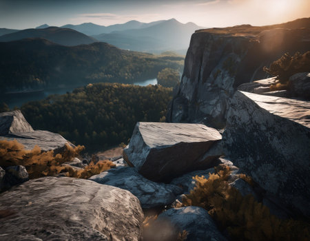 Beautiful cinematic mountain landscape with black marble and granite. High quality illustrationの素材
