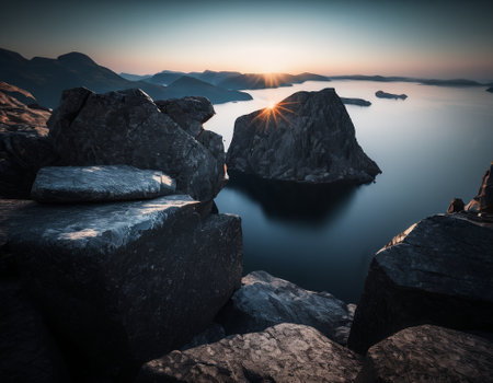 Beautiful cinematic mountain landscape with black marble and granite. High quality illustrationの素材