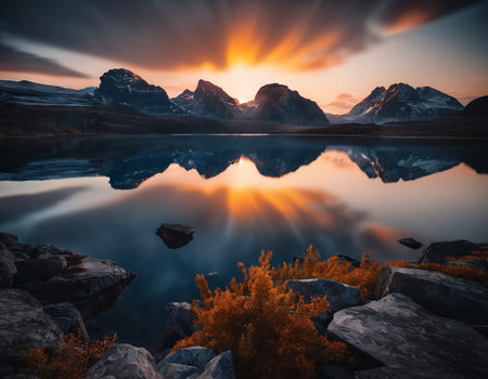 Beautiful cinematic mountain landscape with black marble and granite. High quality illustrationの素材