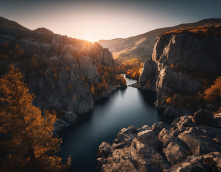 Beautiful cinematic mountain landscape with black marble and granite. High quality illustrationの素材