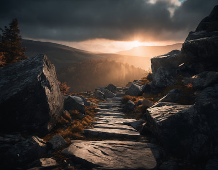 Beautiful cinematic mountain landscape with black marble and granite. High quality illustrationの素材