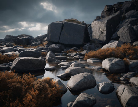 Beautiful cinematic mountain landscape with black marble and granite. High quality illustrationの素材
